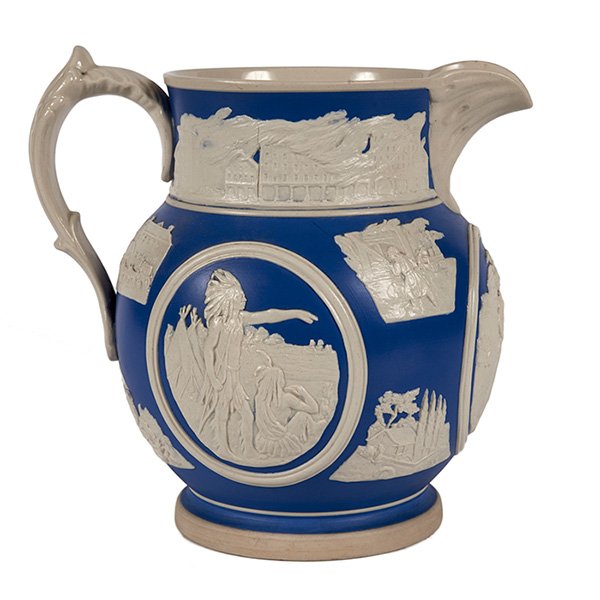 Copeland Spode "Chicago" pitcher, c. 1894, designed by: Copeland Spode "Chicago" pitcher, c. 1894, designed by Frank E. Burley, baluster form with various historical scenes in white on a blue reserve, including the Chicago fire, limited edition, marked, nu