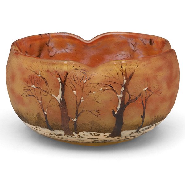 Daum bowl: Daum bowl, mottled orange and yellow glass, enameled winter scene featuring trees and snow, signed, 4.5"w x 2.5"h