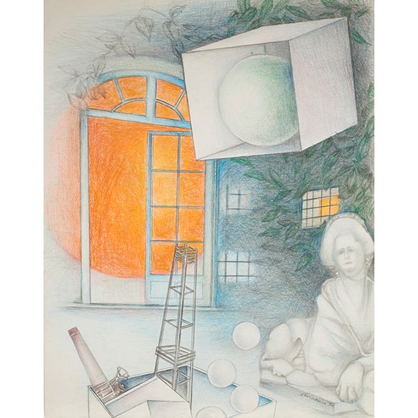 Rita Simon: Rita Simon, (American, b. 1938), The Quill and Non Objective Shapes,, Metaphysical Image, 1970-1971 , (a pair of works), graphite and colored pencil, signed and dated , Largest 24" x 19" Provenance: J