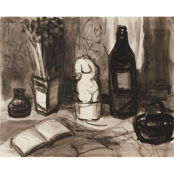 Benjamin D. Kopman: Benjamin D. Kopman, (American, 1887-1965), Still Life with Book and Statue, ink and ink wash, signed upper left , 11.25" x 14.25" Provenance: Joseph Hirshhorn, Hirshhorn Museum, Washington, D.C., (Acc