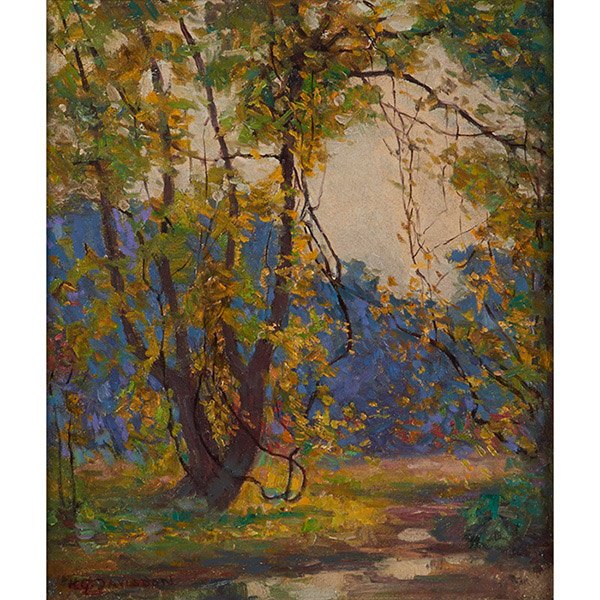 Homer Gordon Davisson: Homer Gordon Davisson, (American, 1866-1957), The Grape Vine Tree in State Park, oil on board, signed lower left, titled on verso , 16.5" x 13.5"
