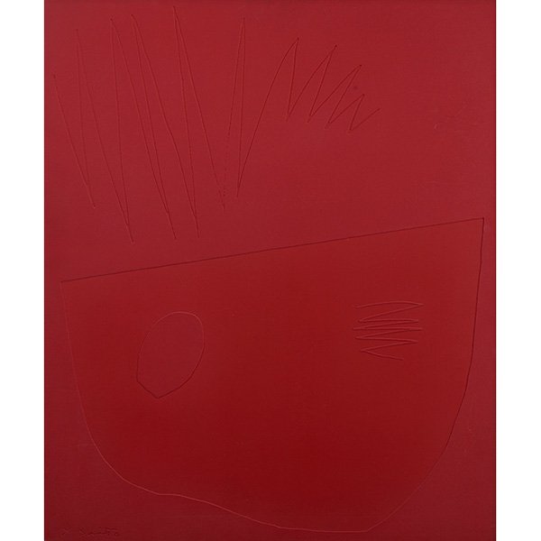 Yoshishige Saito: Yoshishige Saito, (Japanese, 1904-2001), Beaupin G Red, 1973, chemical resin baked on aluminum, signed lower left, edition of 100 , 28.5" x 23.5" Provenance: Tokyo Gallery, Tokyo, Japan (label on vers