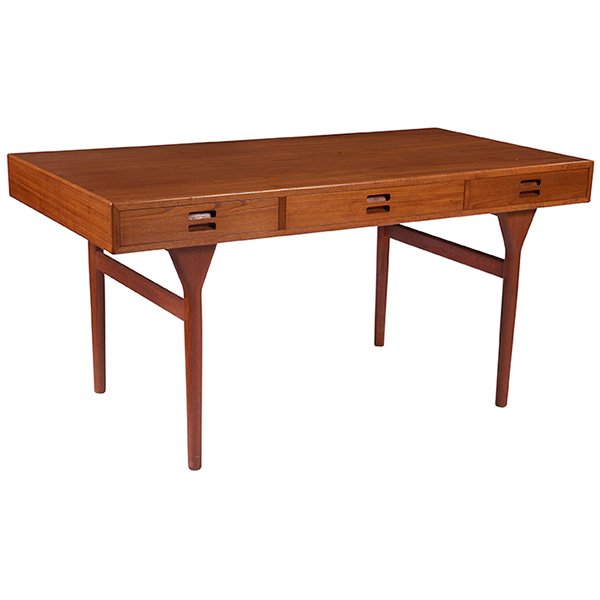 Nanna Ditzel desk, by Soren Willadsen, Denmark, c. 1960: Nanna Ditzel desk, by Soren Willadsen, Denmark, c. 1960, teak, rectangular top with three drawers over teak legs with a wishbone-shaped support under the top, refinished, 57.25"w x 29.75"d x 28.25"h