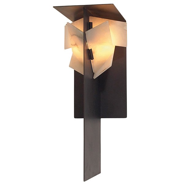 Pierre Chareau Grande Mouche wall sconce, 1990s: Pierre Chareau Grande Mouche wall sconce, 1990s production of the 1920s design, produced by Edition Modern, six alabaster plates mounted on a black metal frame with central divider, original finish, 9