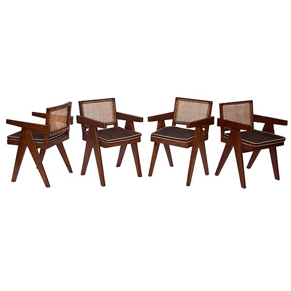 Pierre Jeanneret armchairs, four, France/India, c. 1955: Pierre Jeanneret armchairs, four, France/India, c. 1955, teak frames with caned seats and backrests, from the Himalayan Student Residence, Chandigarh, India, with removable upholstered cushions, refin