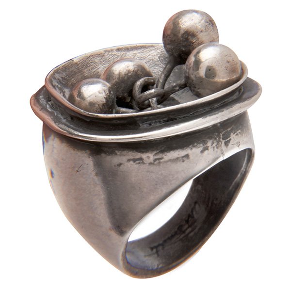 Art Smith ring: Art Smith ring, sterling silver with inset hanging beads, signed, ring size 5.5, 1"w