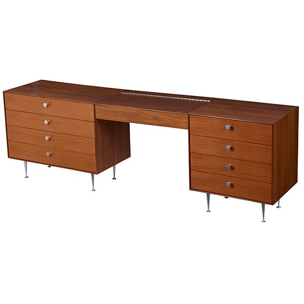 George Nelson Thin Edge cabinets, pair, by Herman: George Nelson Thin Edge cabinets, pair, by Herman Miller, c. 1960, teak, each with four drawers with polished aluminum pulls, center vanity with lift-top, mirror and internal light, original finish, c