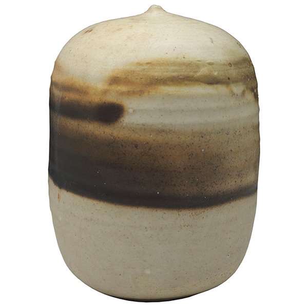 Toshiko Takezu Rattle: Toshiko Takezu Rattle, large bulbous form with horizontal ribs, painted abstract designs in brown on a cream-colored ground, signed, 5.5"w x 8"h