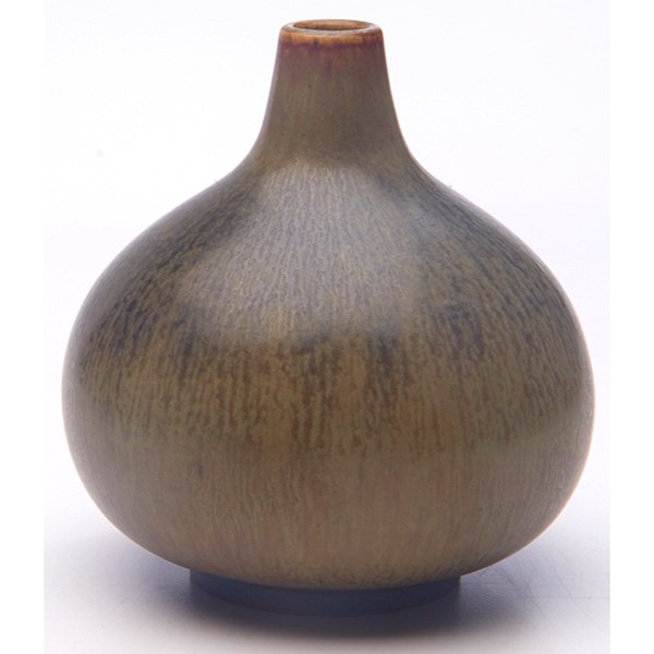 Saxbo vase, designed by Eva Staehr Nielsen: Saxbo vase, designed by Eva Staehr Nielsen, bulbous shape, mottled green and brown glaze, marked, artist initials, 4.5"w x 5"h