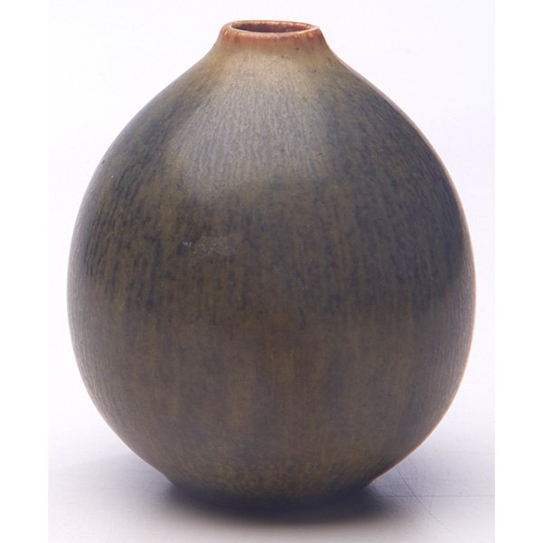 Saxbo vase, designed by Eva Staehr Nielsen: Saxbo vase, designed by Eva Staehr Nielsen, bulbous shape, mottled green and gray glaze, marked, artist initials, 3.5"w x 4"h