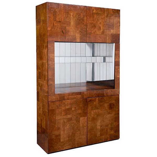 Paul Evans Cityscape bar or display cabinet, by Paul: Paul Evans Cityscape bar or display cabinet, by Paul Evans Studio for Directional, 1970s, burl wood, lower cabinet with two bi-fold doors and two interior shelves, upper cabinet with a lighted open ba