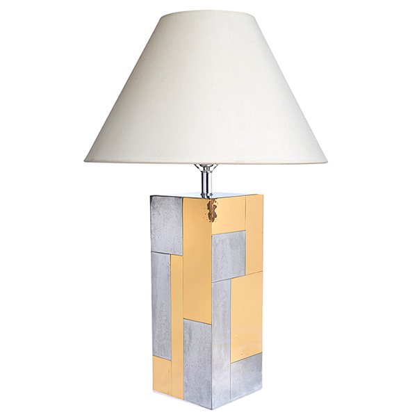 Paul Evans Cityscape table lamp, by Directional: Paul Evans Cityscape table lamp, by Directional, attribution, patchwork of chrome and brass squares, tiered disk finial, base: 7"sq x 18"h, shade not included