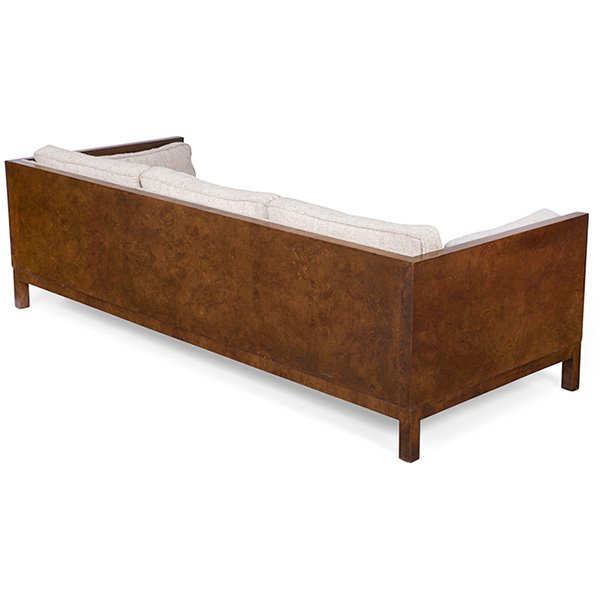 Milo Baughman style sofa: Milo Baughman style sofa, even-arm form with sides, back and legs covered in burled wood veneer, off-white upholstery, original finish, unsigned, 84"w x 34"d x 26"h