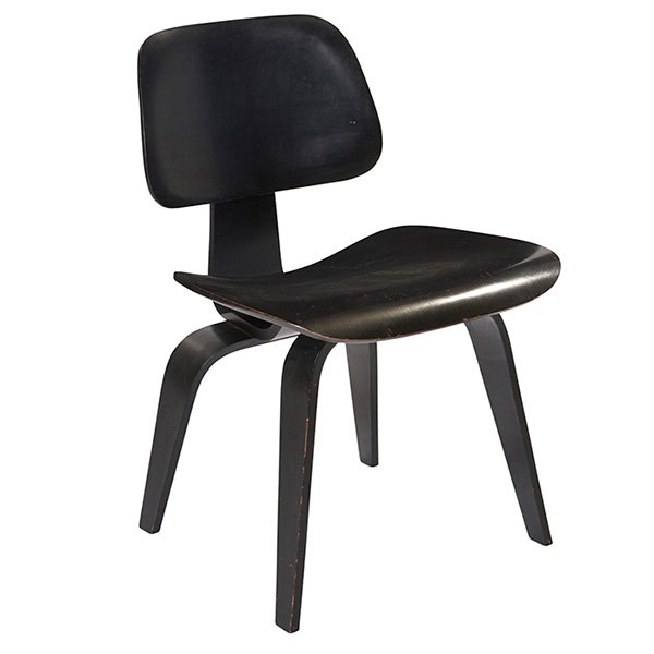 Charles & Ray Eames DCW chair, by Evans Products: Charles & Ray Eames DCW chair, by Evans Products, ebonized molded plywood seat, back and legs, original shock mounts, oval mount to backrest, signed with Evans Products Los Angeles label, original fin