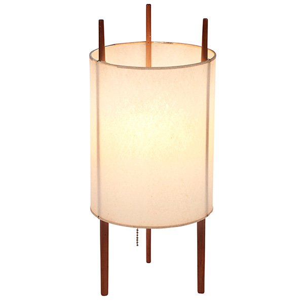 Isamu Noguchi table lamp, by Knoll: Isamu Noguchi table lamp, by Knoll, parchment shade on three tapered cherry wood supports, original finish, 7"dia x 16"h