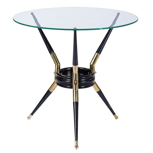 Italian occasional table, 1950s: Italian occasional table, 1950s, ebonized wood legs, brass supports, round glass top, refinished, unsigned, 21.25"dia x 20"h
