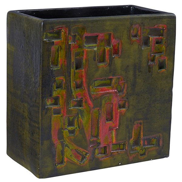 Marcello Fantoni vase, for Raymor, Italy: Marcello Fantoni vase, for Raymor, Italy, rectangular form with colorful glaze, signed, paper Raymor label, 9"w x 4.75"d x 9"h