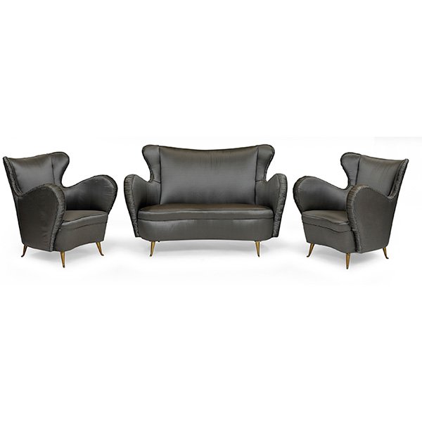 Italian salon suite, 1950s: Italian salon suite, 1950s, settee and pair of chairs, designer unknown, sculptural sides with exaggerated armrests, metal legs with brass finish, reupholstered in gray silk, settee: 50"w x 28"d x 33"