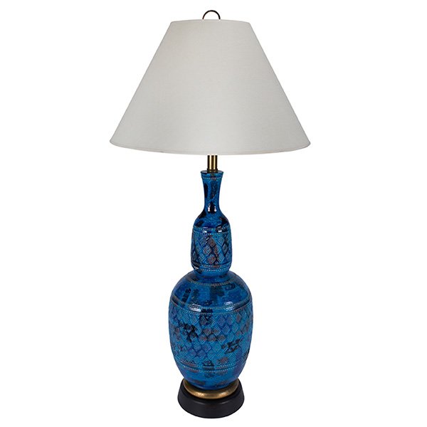 Bitossi ceramic lamp, Italy: Bitossi ceramic lamp, Italy, Rimini Blue glazed ceramic with impressed geometric decoration, wood base, signed with Frederick Cooper Lamps Chicago label, ceramic only: 10"dia x 25"h, shade not include