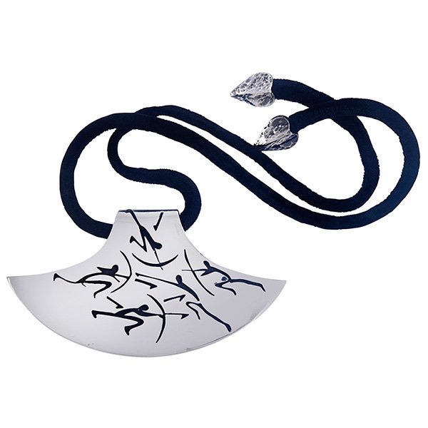 Antonio Pineda Cave Art necklace, Taxco, Mexico, 1950s: Antonio Pineda Cave Art necklace, Taxco, Mexico, 1950s, a large sterling silver pendant decorated with tribal hunters, original black velvet cord with sterling silver arrowhead bolo tips, stamped mark