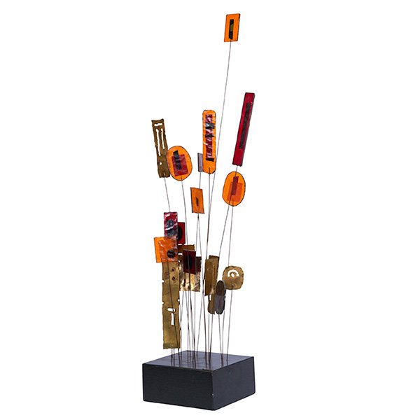 C. Jere kinetic sculpture, 1966: C. Jere kinetic sculpture, 1966, a dark green wood base holds 20 metal rods supporting pierced brass and colorful resin elements, signed and dated, original finish, base: 7.5"sq, height is 35"