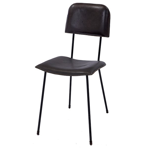 Jacques Adnet chair, attribution, France, 1950s: Jacques Adnet chair, attribution, France, 1950s, dark brown leather seat and backrest with white stitching, black steel rod frame, 15"w x 19"d x 31.5"h