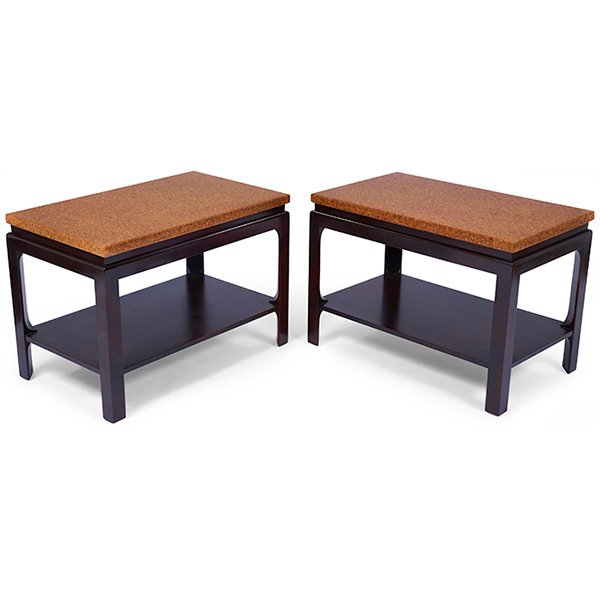 Paul Frankl occasional tables, pair, by Johnson: Paul Frankl occasional tables, pair, by Johnson Furniture Co., rectangular forms with the original cork tops, mahogany frames with a lower shelf and sculptural details, each with stencil "5015 365", 3