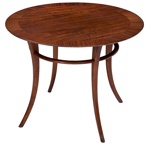 T.H. Robsjohn-Gibbings occasional table, by Widdicomb: T.H. Robsjohn-Gibbings occasional table, by Widdicomb, round walnut top with contrasting grain to edge over four flared and tapered legs connected by a wood ring stretcher, stenciled mark "8 54" and "