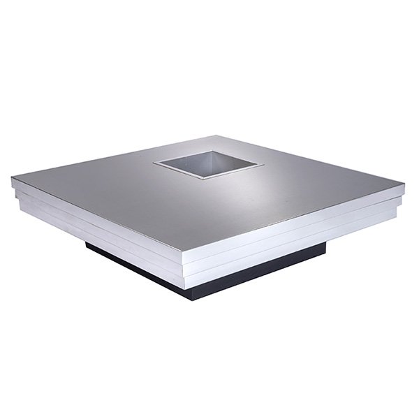 Pierre Cardin coffee table, France, c.1975: Pierre Cardin coffee table, France, c.1975, square top with banded trim to edge in polished and brushed aluminum with a square recessed compartment, painted wood base, signed along edge "Pierre Cardin