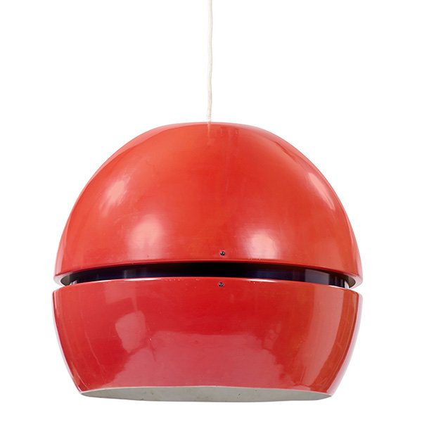 Robert Sonneman hanging light fixture: Robert Sonneman hanging light fixture, red enameled metal dome with a recessed black band, ceiling cap included, original finish, signed with Sonneman label, 22"dia x 18"h