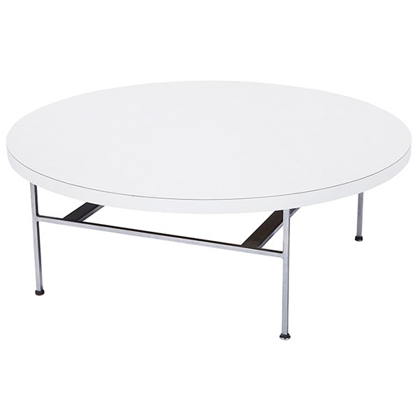 George Nelson coffee table, by Herman Miller: George Nelson coffee table, by Herman Miller, round white top over brushed steel legs, signed with round metal tag, 40.25"dia x 13.75"h