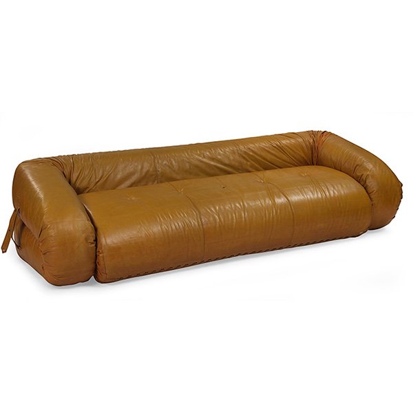 Alessandro Becchi "Anfibio" sofa bed, by Giovanetti,: Alessandro Becchi "Anfibio" sofa bed, by Giovanetti, Italy, original tan leather upholstery, sofa unfolds to reveal a sleeping surface, signed with fabric Giovanetti tag, as shown: 96"w x 40"d x 25"h,