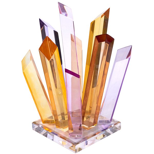 Van Teal sculpture, Lucite: Van Teal sculpture, Lucite, solid base supports crystal-like rods of amber, gold, purple and fuchia Lucite, signed "Van Teal" on surface of base, 14.25"w x 13.25"d x 20.75"h