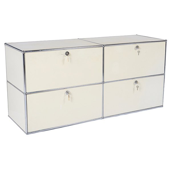 Fritz Haller storage cabinet, by Herman Miller: Fritz Haller storage cabinet, by Herman Miller, white lacquered sheet metal structure connected by chromed steel fittings, four large drawers, keys included, original finish, one key broken in lock, k