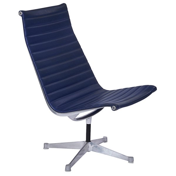 Charles & Ray Eames Aluminum Group lounge chair, by: Charles & Ray Eames Aluminum Group lounge chair, by Herman Miller, original royal blue vinyl upholstery on an aluminum frame with four-point swivel base, 25.5"w x 26"d x 35.5"h, signed