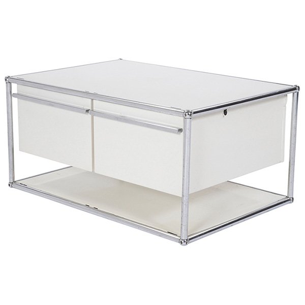 Fritz Haller storage cabinet, by Herman Miller: Fritz Haller storage cabinet, by Herman Miller, white lacquered sheet metal structure connected by chromed steel fittings, two drawers, original finish 30.5"w x 20.5d" x 14.75"h