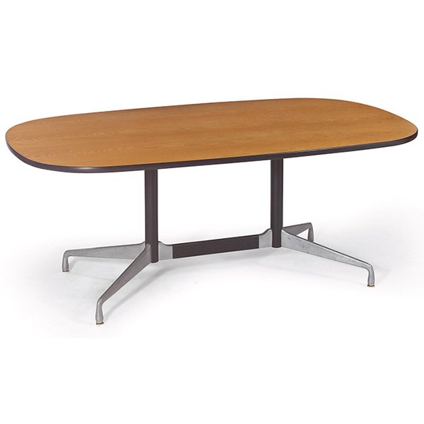 Charles & Ray Eames dining or conference table, by: Charles & Ray Eames dining or conference table, by Herman Miller, original oak top with rubber trim to edge over an aluminum and black enameled metal base, signed with Herman Miller label, original ny