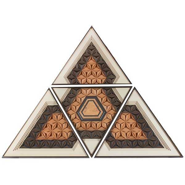 Milo Baughman Mixed Media artwork, designed with Greg: Milo Baughman Mixed Media artwork, designed with Greg Copeland, four triangular framed pieces, folded paper elements, center section also with chrome and burled wood, each is matted and framed, signed