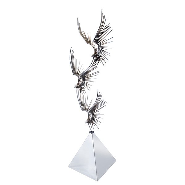C. Jere Soaring Eagles sculpture: C. Jere Soaring Eagles sculpture, welded steel, triangular chromed metal base, signed on base "C. Jere 1976", metal Jere tag to interior of base, 18"w x 18"d x 74"h