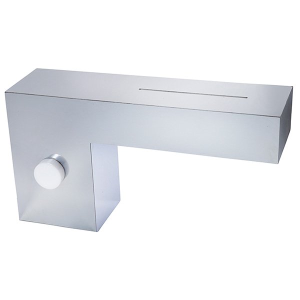 George Kovacs desk lamp: George Kovacs desk lamp, rectilinear cantilevered design entirely covered in chromed steel, large white on-off switch, Kovacs paper label, 18"w x 6"d x 10"h