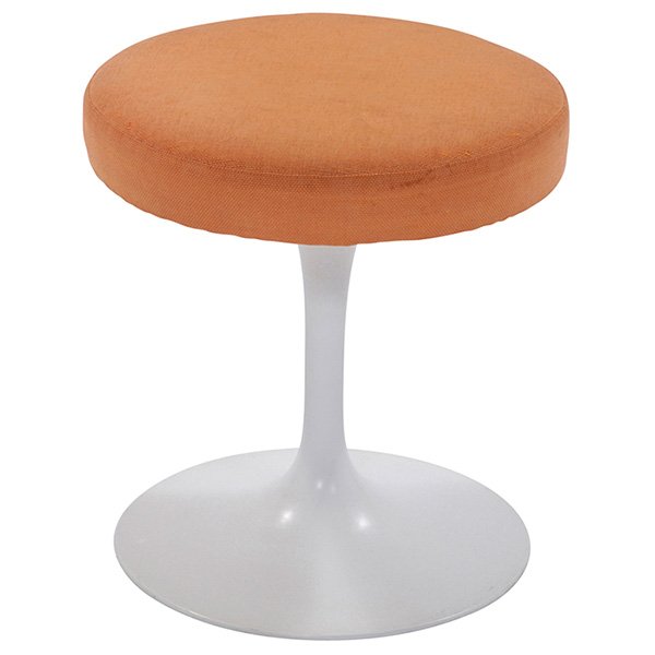 Eero Saarinen stool, by Knoll Associates: Eero Saarinen stool, by Knoll Associates, round seat upholstered in the original orange fabric, white enameled aluminum base, signed with Knoll labels, 15"dia x 16"h