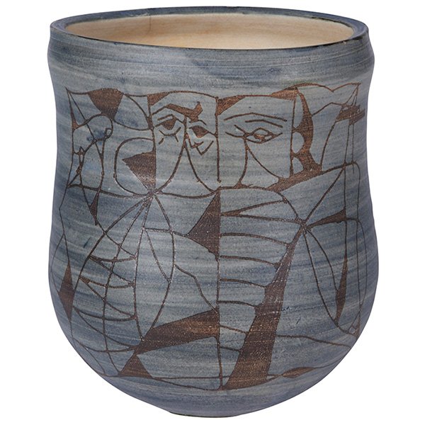 Katherine Pao Yu Choy vase: Katherine Pao Yu Choy vase, ceramic with wax resist decoration in a Modernist design, blue-gray and brown, signed with chop mark, 6.5"w x 4.75"d x 7.75"h, very minor crazing