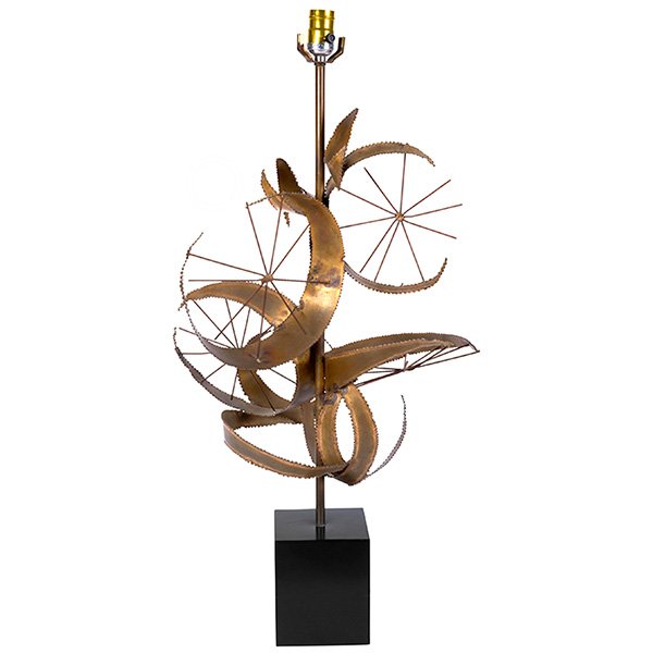 C. Jere table lamp: C. Jere table lamp, attribution, abstract composition of crescent shapes, some with inset star-like structures, wood block base, unsigned, 16"w x 12"d x 32.5"h