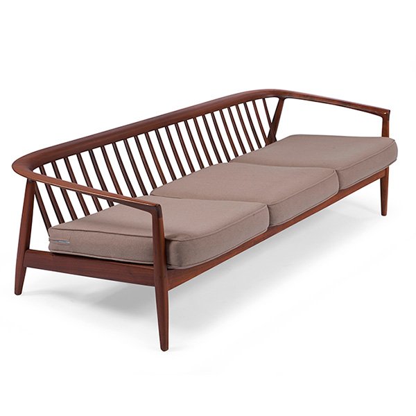 Folke Ohlsson sofa, by Dux, Denmark: Folke Ohlsson sofa, by Dux, Denmark, sculptural wood frame, slatted backrest, branded mark "original Dux Denmark", removable cushions reupholstered in tan wool, refinished, 75.5"w x 34"d x 30.5"h