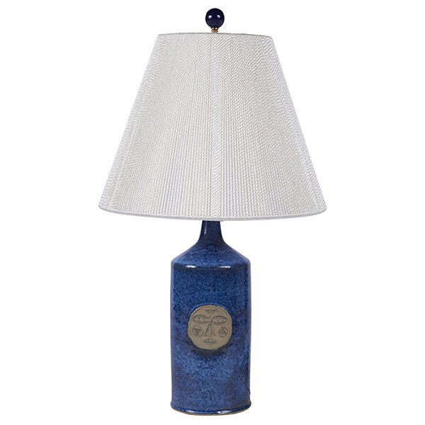 Finn Lynggaard stoneware table lamp, Denmark, 1960s: Finn Lynggaard stoneware table lamp, Denmark, 1960s, blue glaze with decoration of two carved and unglazed faces on body, ceramic, base: 4.25"dia x 10.75"h, 21"h with shade, impressed mark "Finn L. la