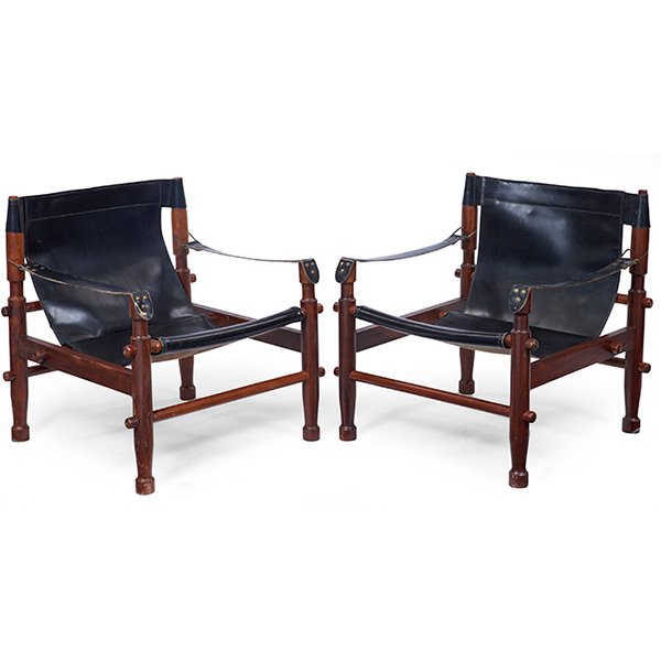 Scandinavian Safari lounge chairs: Scandinavian Safari lounge chairs, pair, maker unknown, rosewood frames with the original black leather sling seats and armrests, unsigned, original finish, 27"w x 25.5"d x 28"h