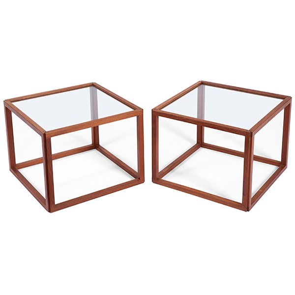 Kai Kristiansen occasional tables, pair, Denmark: Kai Kristiansen occasional tables, pair, Denmark, teak cube frames with glass tops, 18.25"sq x 14"h, original finish