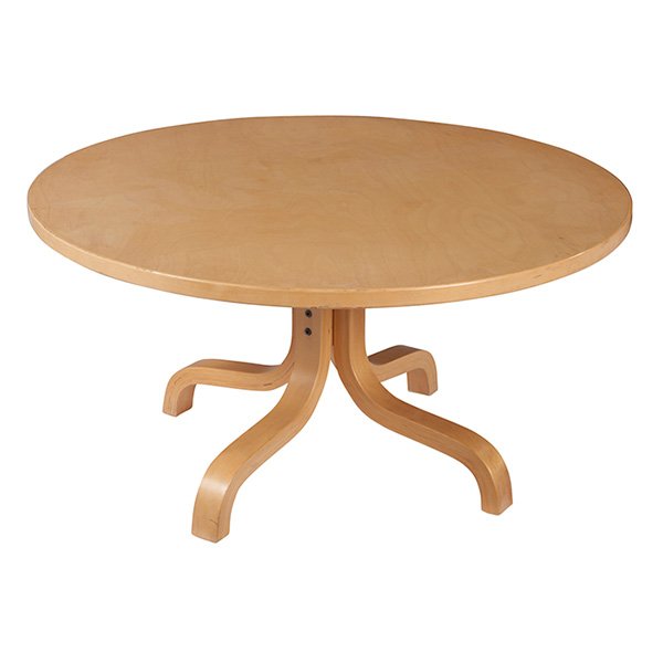 Ilmari Lappalainen coffee table, by Asko, Finland: Ilmari Lappalainen coffee table, by Asko, Finland, round birch top over bent plywood legs, signed with Asko label, original finish, 39.25"dia x 20"h