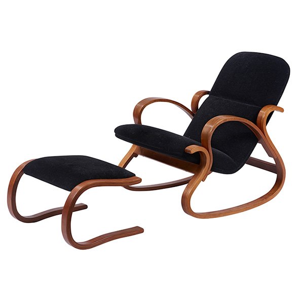 Peter Danko rocking chair and matching ottoman/foot: Peter Danko rocking chair and matching ottoman/foot stool, 1982, bent ash plywood frames, upholstered in black mohair, original finish, rocker signed "Danko 82", chair: 27"w x 36"d x 32"h, stool: 22"w