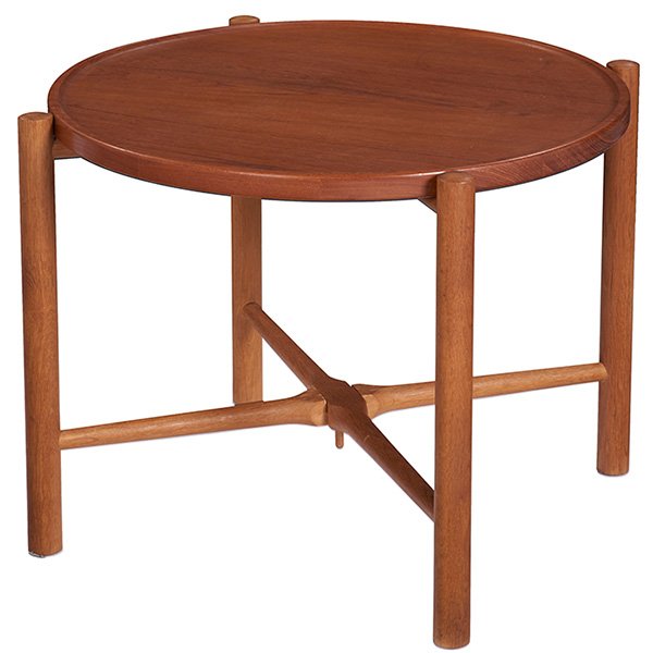 Hans Wegner tray table, by Andreas Tuck, Denmark, model: Hans Wegner tray table, by Andreas Tuck, Denmark, model AT35, removable round teak top over a folding oak base, signed with branded mark, original finish, 27.25"dia x 19"h
